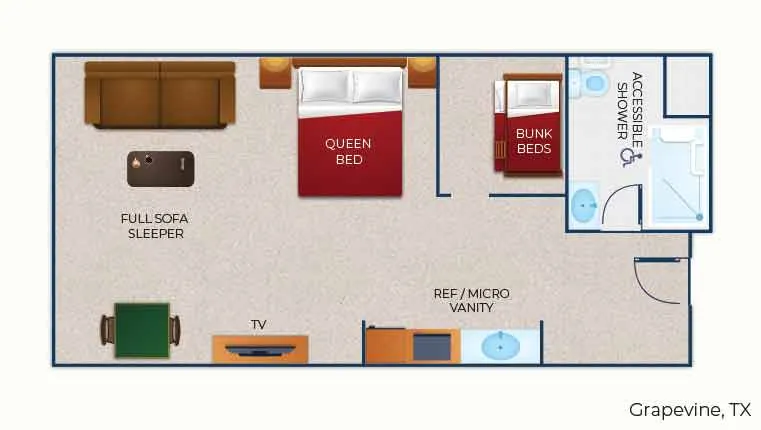 The floor plan for the accessible shower KidCabin Suite